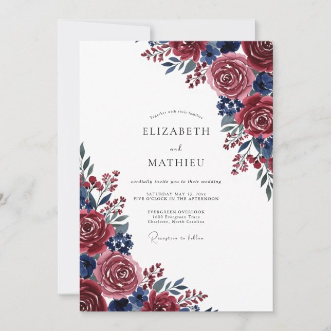 Invitación Burgundy Blue Painterly Bloom Wedding (Anverso)