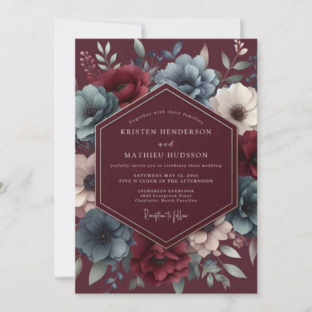 Invitación Burgundy & Blue Shadowy Bloom Wedding (Anverso)