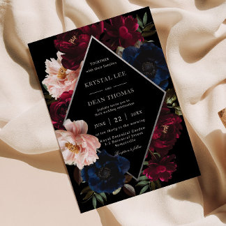 Invitación Burgundy Blush Black Navy Floral Silver Wedding