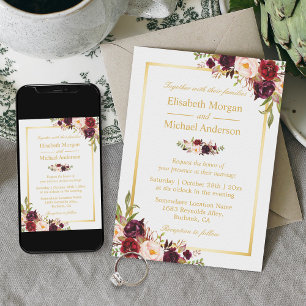 Invitación Burgundy Blush Bloom Floral Gold Frame Wedding