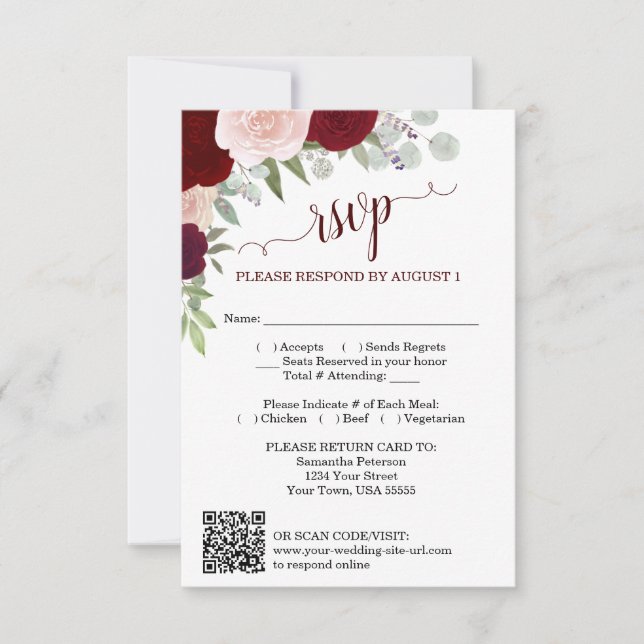 Invitación Burgundy Blush Boho Roses Wedding QR Code RSVP  (Anverso)