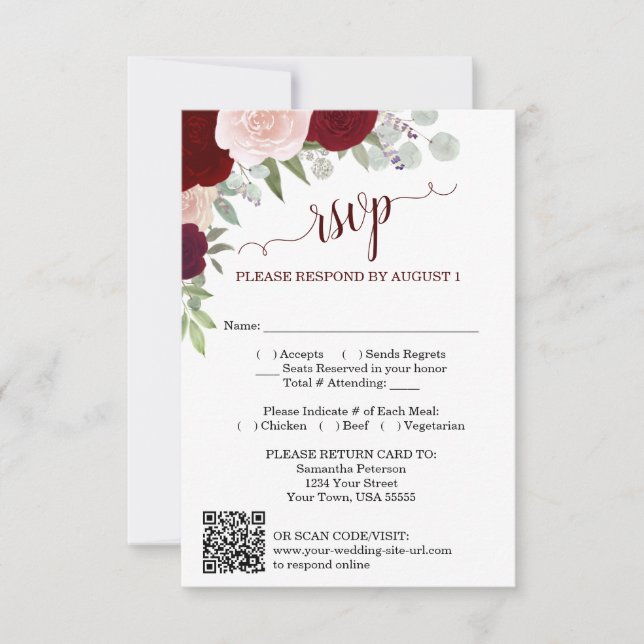 Invitación Burgundy Blush Boho Roses Wedding QR Code RSVP  (Anverso)