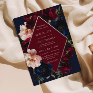 Invitación Burgundy Blush Dark Navy Floral Silver Wedding