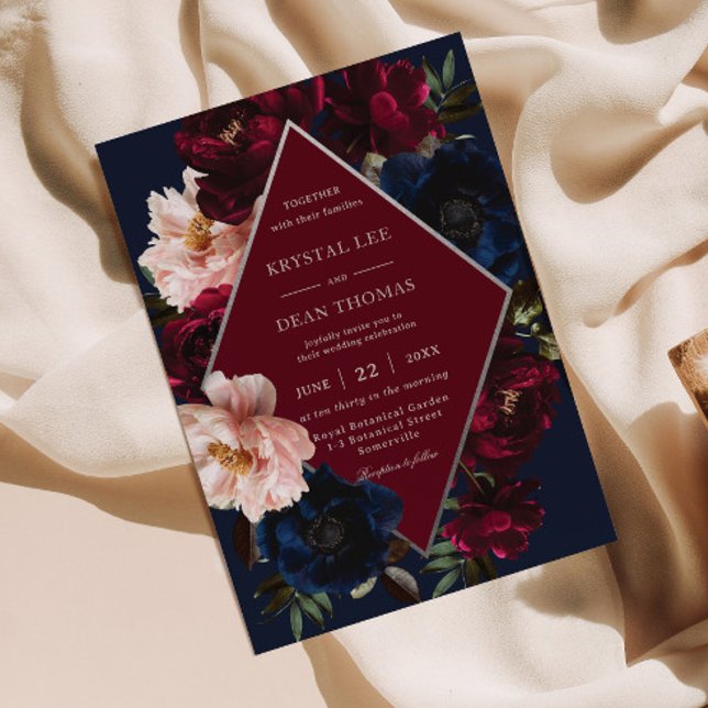 Invitación Burgundy Blush Dark Navy Floral Silver Wedding (Subido por el creador)
