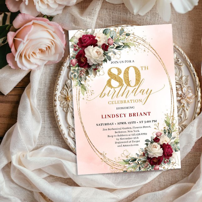 Invitación Burgundy Blush Floral Chic 80th Birthday Invite (Burgundy Blush Floral Chic 80th Birthday Invitation)