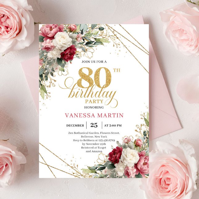 Invitación Burgundy blush floral elegant gold design 80th  (Burgundy blush floral elegant gold design 80th birthday invitation

)