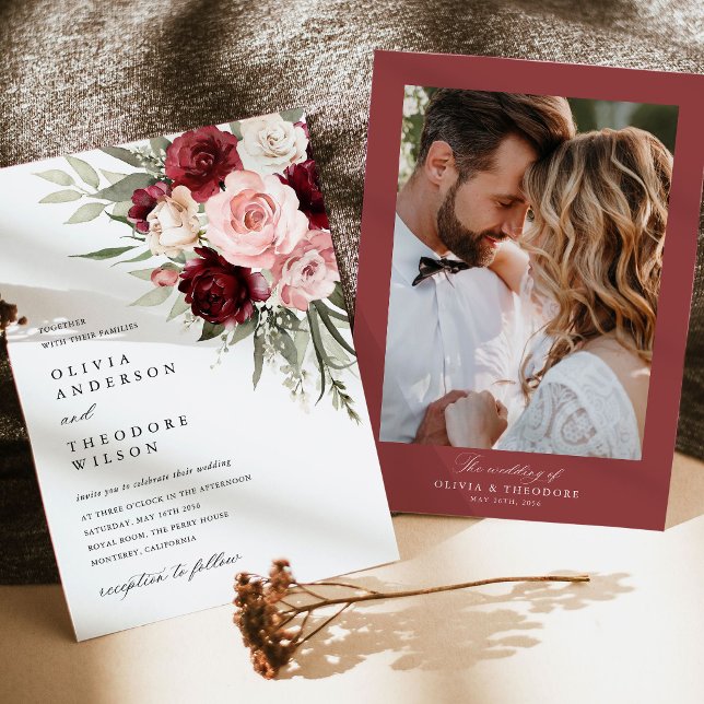 Invitación Burgundy Blush Pink Floral Photo Wedding (burgundy blush pink floral wedding photo invitation, rose invite card, romantic wedding stationery)