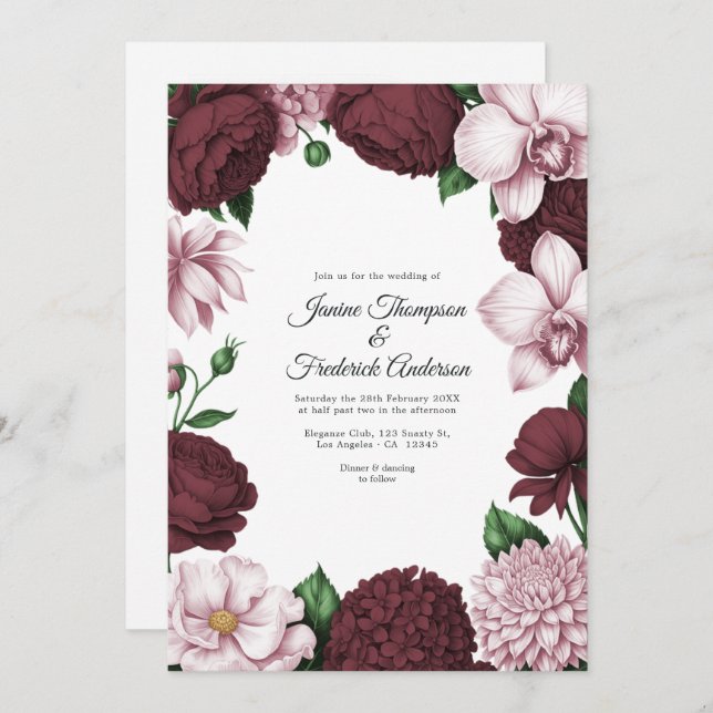 Invitación Burgundy & Blush Watercolor Floral Wedding (Anverso / Reverso)