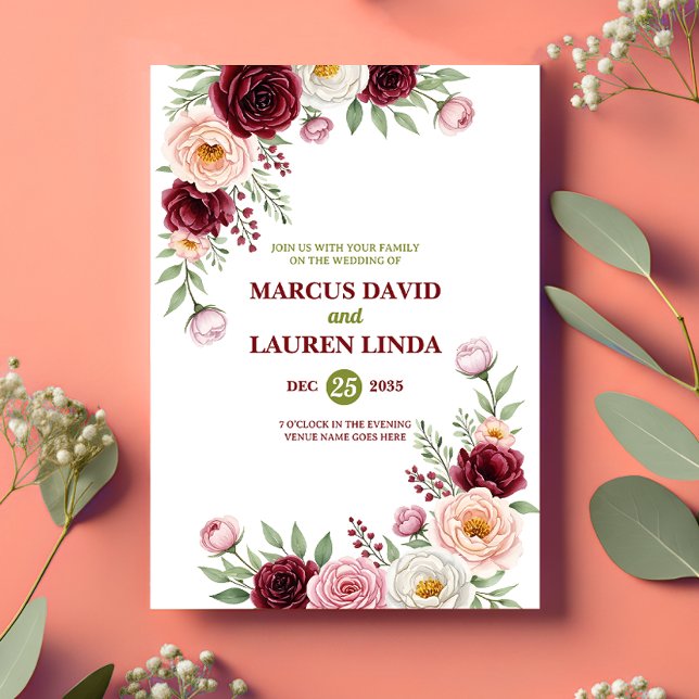 Invitación Burgundy Blush Wildflower Wedding Invitation Card (Subido por el creador)