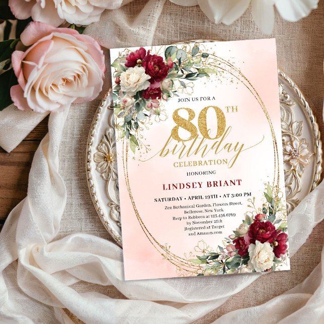 Invitación Burgundy Bohemian Chic 80th Birthday Celebration  (Burgundy Bohemian Chic 80th Birthday Celebration Invite)