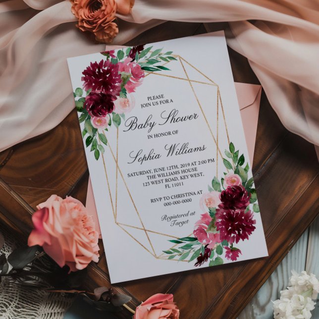 Invitación Burgundy Bohemian Floral Baby Shower (Subido por el creador)