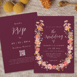 Invitación Burgundy Boho cae Boda de código QR floral ruso