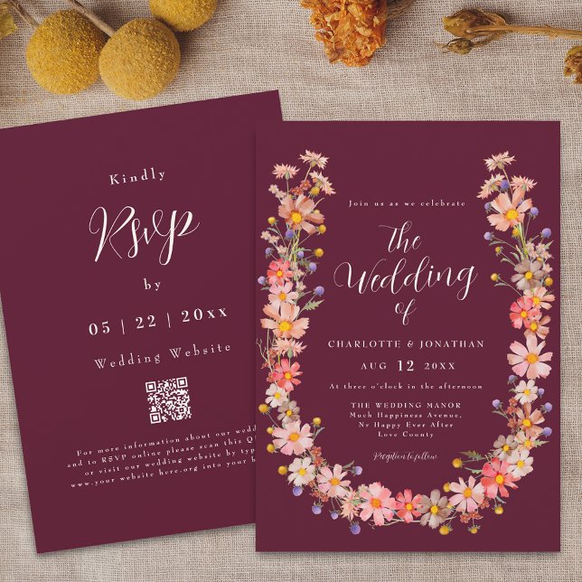 Invitación Burgundy Boho cae Boda de código QR floral ruso (Boho fall rustic wildflower burgundy and cream ivory wedding qr code invitation Watercolor florals)