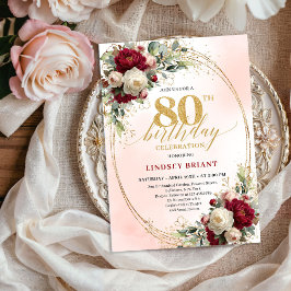 Invitación Burgundy Boho Chic Floral 80th Birthday Party 