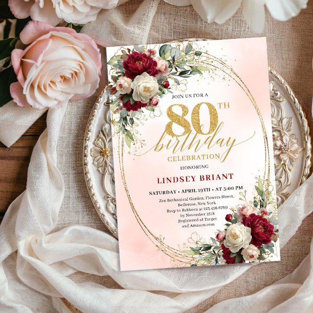 Invitación Burgundy Boho Chic Floral 80th Birthday Party  (Burgundy Boho Chic Floral 80th Birthday Party Invite)