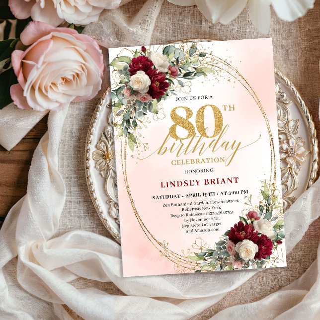 Invitación Burgundy Boho Floral Gold Frame 80th Birthday  (Burgundy Boho Floral Gold Frame 80th Birthday Invite)