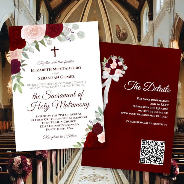 Invitación Burgundy Boho Roses Catholic QR Code Wedding (front/back)