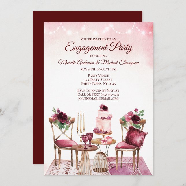Invitación Burgundy Boho Watercolor Floral Engagement Party (Anverso / Reverso)