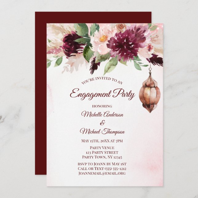 Invitación Burgundy Boho Watercolor Floral Engagement Party (Anverso / Reverso)