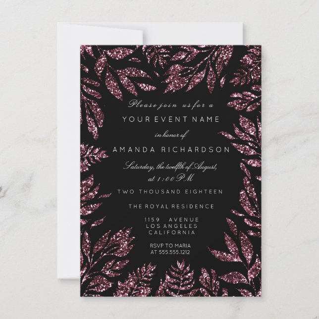 Invitación Burgundy Bordeaux Purpurina negro deja marco flora (Anverso)