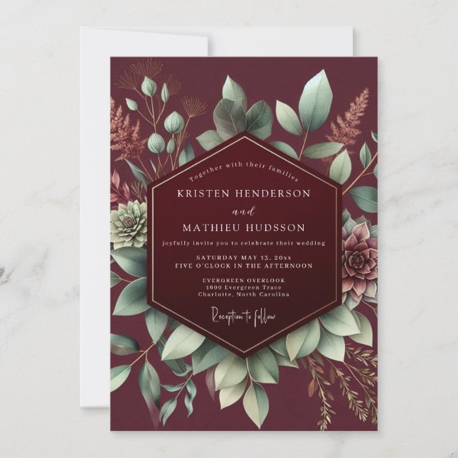 Invitación Burgundy Botanical Bloom Wedding (Anverso)