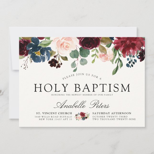 Invitación Burgundy Bouquet | Bautismo sagrado floral (Anverso)