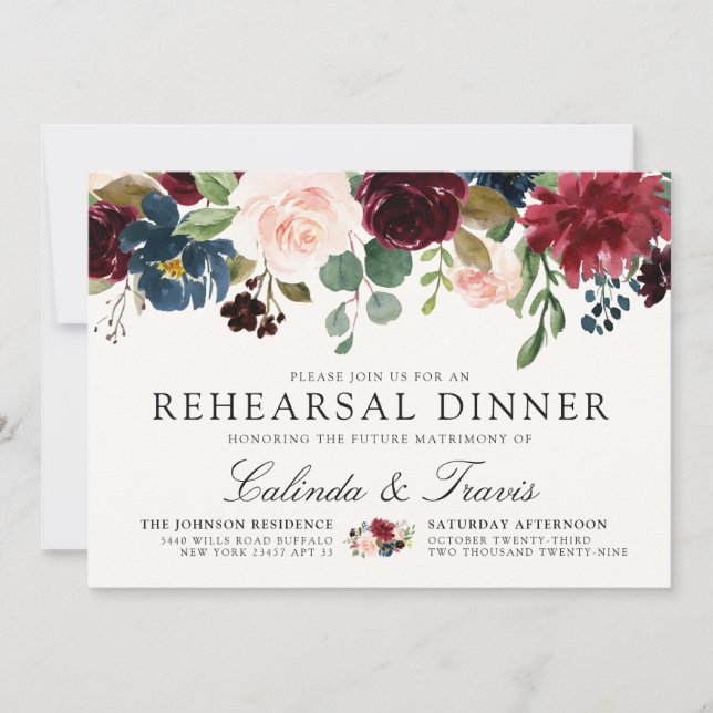 Invitación Burgundy Bouquet | Cenas de ensayo de boda (Anverso)