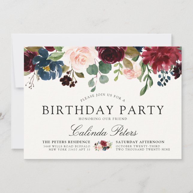 Invitación Burgundy Bouquet | Fiesta de cumpleaños floral (Anverso)