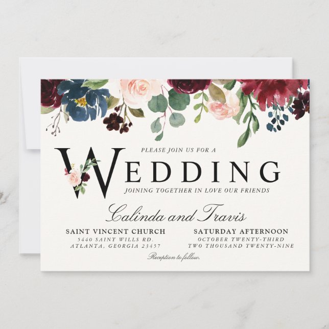 Invitación Burgundy Bouquet | Floral | Tipografía boda (Anverso)