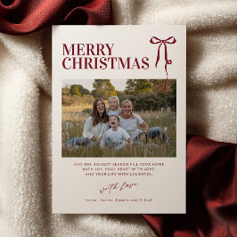Invitación Burgundy Bow Christmas Card with Photo