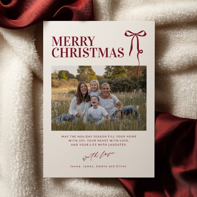 Invitación Burgundy Bow Christmas Card with Photo (Subido por el creador)