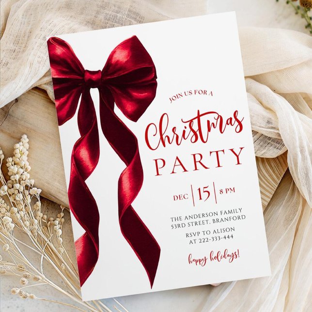 Invitación Burgundy Bow Christmas Party Invitation (Subido por el creador)