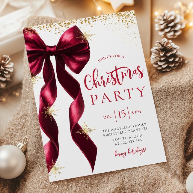 Invitación Burgundy Bow Christmas Party Invitation (Subido por el creador)