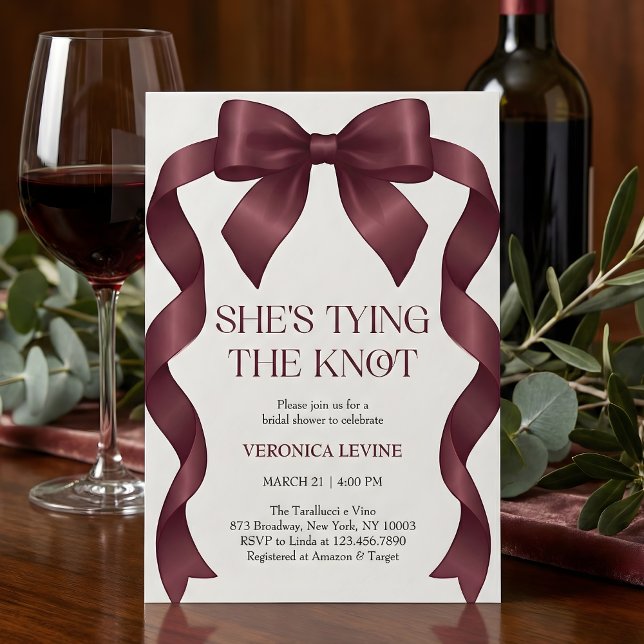 Invitación Burgundy Bow She’s Tying the Knot Bridal Shower  (Coquette Black Bow Champagne Coupe She's Tying The Knot Bridal Shower invitation)