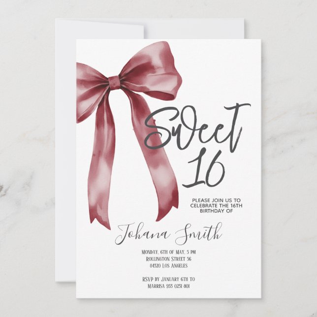 Invitación Burgundy Bow Sweet Sixteen Girl Birthday Party (Anverso)