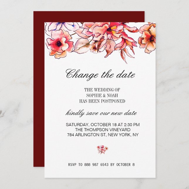 Invitación Burgundy Bright Floral Bouquet | Cambiar La Fecha (Anverso / Reverso)