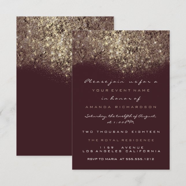 Invitación Burgundy Brillante Dorado Sepia (Anverso / Reverso)