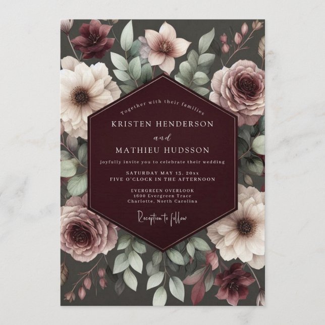 Invitación Burgundy Brocade Floral Wedding (Anverso)
