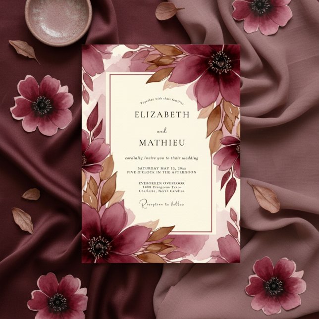 Invitación Burgundy Brushstroke Bloom Wedding (Subido por el creador)