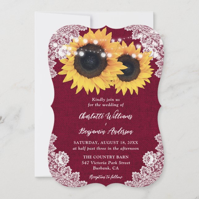 Invitación Burgundy Burlap Floral Lace Sunflower Boda (Anverso)