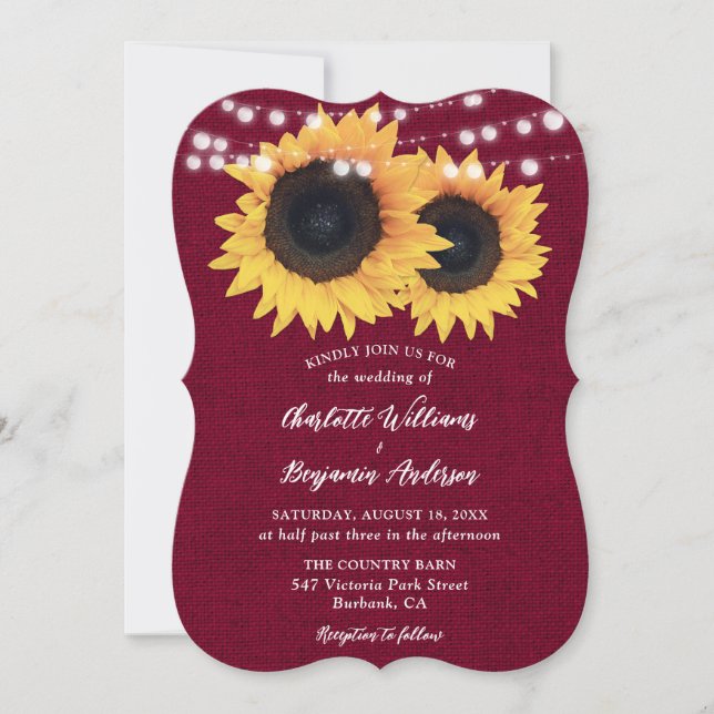 Invitación Burgundy Burlap String ilumina el Boda del girasol (Anverso)