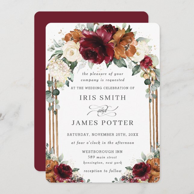 Invitación Burgundy Burnt Orange Ivory Floral Arch Wedding (Anverso / Reverso)