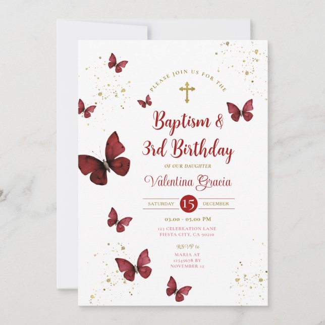 Invitación Burgundy Butterfly Chica 3er cumpleaños Baptism Cr (Anverso)