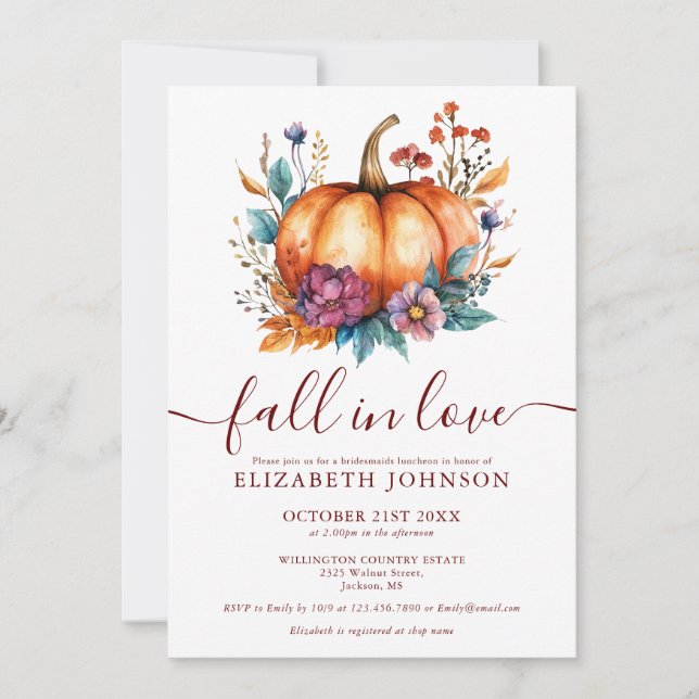 Invitación Burgundy Cae Enamorado Pumpkin Bridesmaids Luncheo (Anverso)
