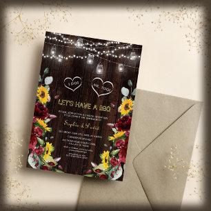 Invitación Burgundy Cae Sunflowers Wood Barn I DO BBQ