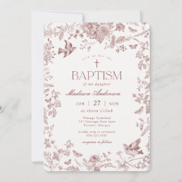 Invitación Burgundy Cae Toile De Jouy Bautismo Floral Vintage