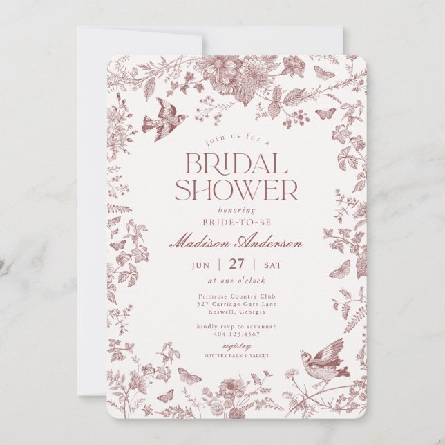 Invitación Burgundy Cae Toile De Jouy Floral Bridal Shower (Anverso)