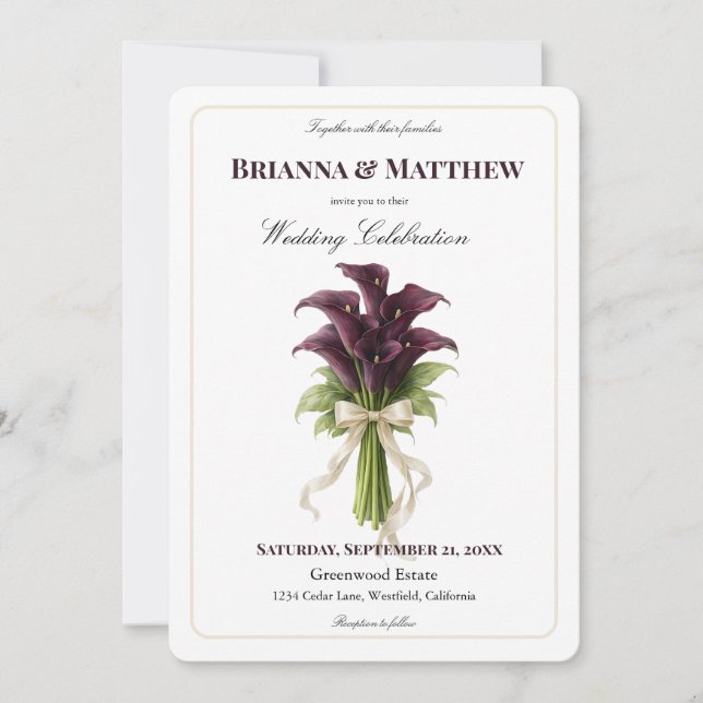 Invitación Burgundy Calla Lily Wedding Bouquet Ivory Ribbon  (Anverso)