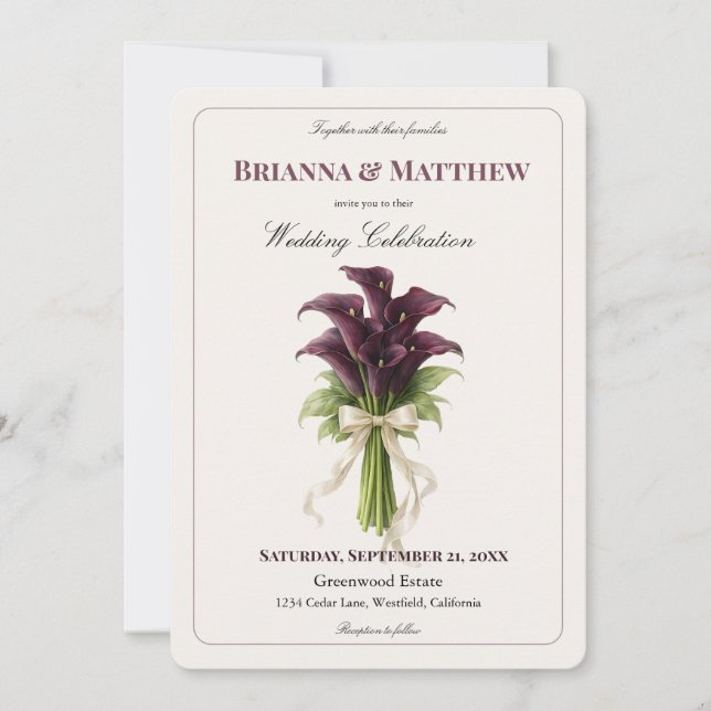 Invitación Burgundy Calla Lily Wedding Bouquet Ivory Ribbon  (Anverso)