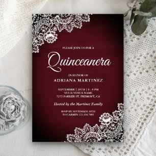 Invitación Burgundy Campestre Antiguo con Encaje de Madera Qu